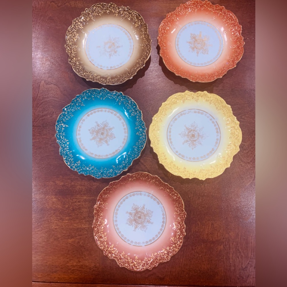 Antique set of 5 plates Limoges France LS&S Multicolor Snowflake Center 5”